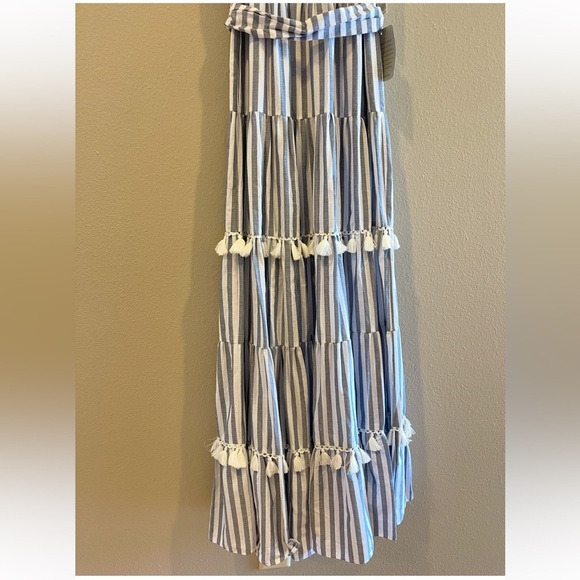 Eliza J Striped Summer Tiered Ruffle Tassel Trim Maxi Dress Preppy Sleeveless 2P - Picture 7 of 16